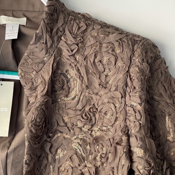 NWT ($159) Chico's Blazer Jacket Coat Taupe Rose Sequin, Sz 1 (M/8) - Picture 9 of 14